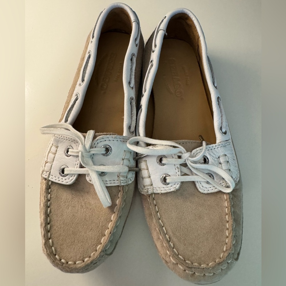 Sebago Tan and White Moccasins with Contrast Stitching - Picture 2 of 7